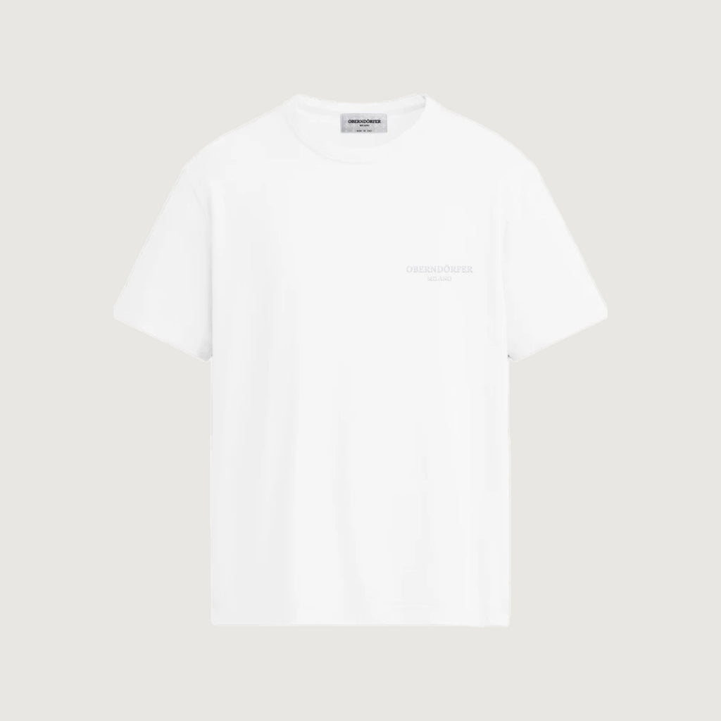 The Tonal Wordmark T-Shirt in white, front, Oberndörfer Milano embroidered at the chest in matching white thread