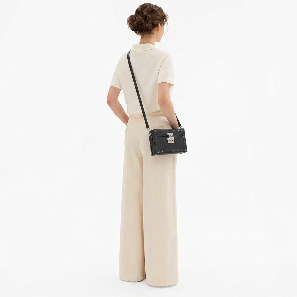 A model from behind wearing a cream short-sleeve top and matching wide-leg trousers, carrying a small black textured crossbody bag with a silver clasp.
